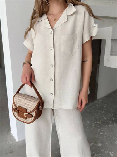 Keten Kısa Kollu Cepli Gömlek Pantolon Ikili Takım - Beyaz