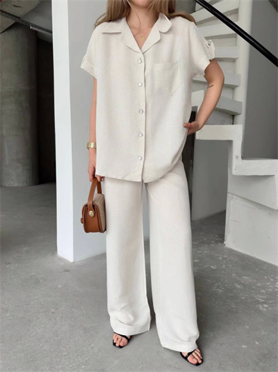 Keten Kısa Kollu Cepli Gömlek Pantolon Ikili Takım - Beyaz