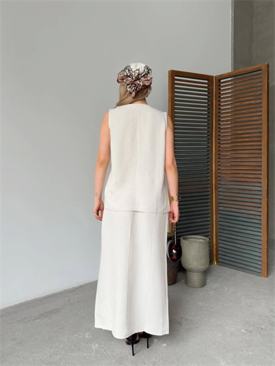 Keten Kolsuz Hırka Etek Ikili Takım- Beyaz