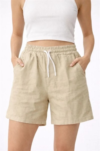 Keten Kumaş Cepli Rahat Kesim Bel Lastikli Şort - Bej