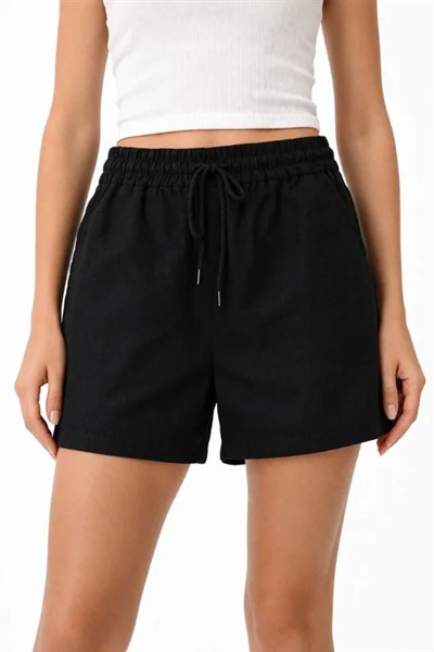 Keten Kumaş Cepli Rahat Kesim Bel Lastikli Şort - Siyah