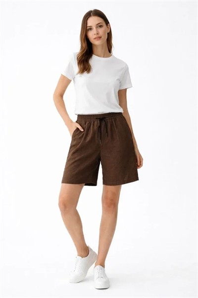 Keten Kumaş Cepli Rahat Kesim Bel Lastikli Şort - Kahverengi