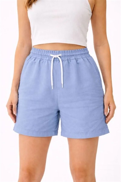 Keten Kumaş Cepli Rahat Kesim Bel Lastikli Şort - Mavi