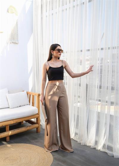 Keten Önü Çapraz Parçali Lasti̇kli̇ Ve Bağcikli Geni̇ş Paça Pantolon