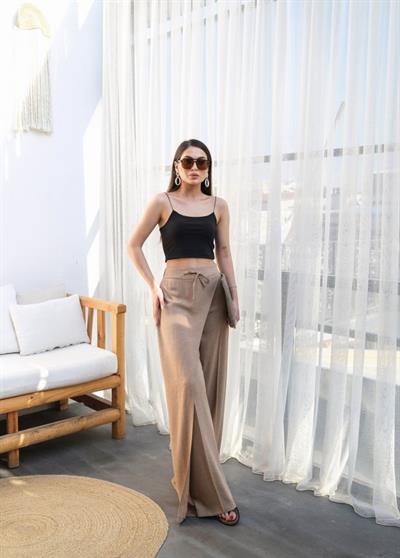 Keten Önü Çapraz Parçali Lasti̇kli̇ Ve Bağcikli Geni̇ş Paça Pantolon