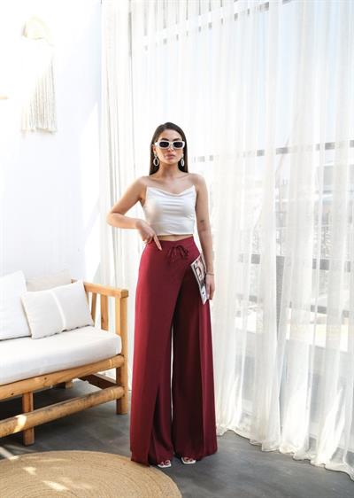 Keten Önü Çapraz Parçali Lasti̇kli̇ Ve Bağcikli Geni̇ş Paça Pantolon