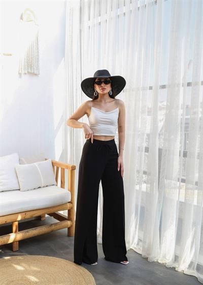 Keten Önü Çapraz Parçali Lasti̇kli̇ Ve Bağcikli Geni̇ş Paça Pantolon