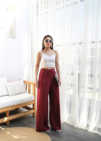 Keten Önü Çapraz Parçali Lasti̇kli̇ Ve Bağcikli Geni̇ş Paça Pantolon