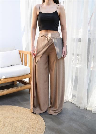 Keten Önü Çapraz Parçali Lasti̇kli̇ Ve Bağcikli Geni̇ş Paça Pantolon