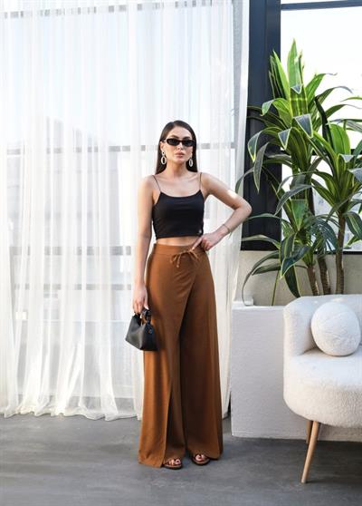 Keten Önü Çapraz Parçali Lasti̇kli̇ Ve Bağcikli Geni̇ş Paça Pantolon