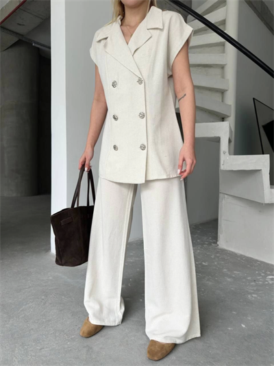 Keten Sıfır Kol Blezer Ceket Pantolon Ikili Takım- Beyaz
