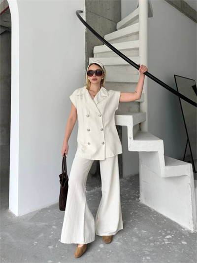 Keten Sıfır Kol Blezer Ceket Pantolon Ikili Takım- Beyaz