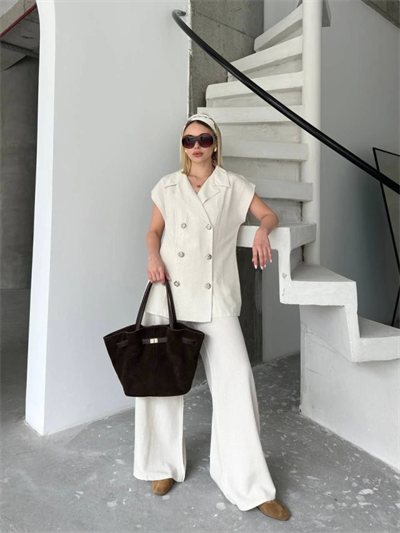 Keten Sıfır Kol Blezer Ceket Pantolon Ikili Takım- Beyaz