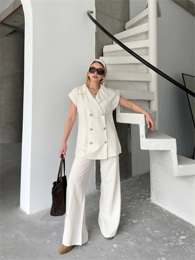 Keten Sıfır Kol Blezer Ceket Pantolon Ikili Takım- Beyaz