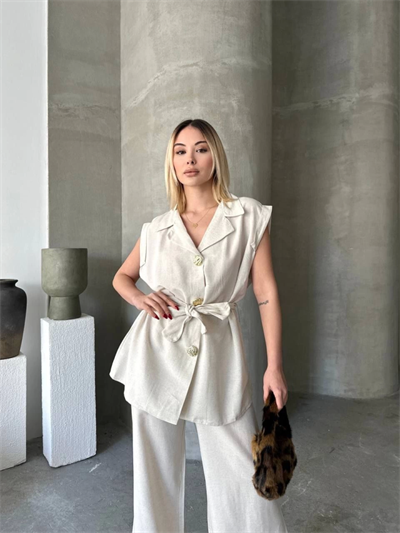 Keten Sıfır Kol Kuşaklı Ceket Pantolon Ikili Takım - Beyaz