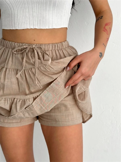 Keten Şortlu Etek - Açık Kahve