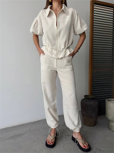 Keten Tam Fermuarlı Kısa Kollu Gömlek Pantolon Ikili Takım - Beyaz