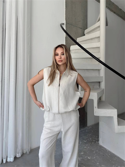 Keten Tam Fermuarlı Kolsuz Ceket Pantolon Ikili Takım- Beyaz