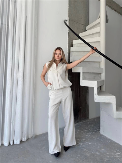 Keten Tam Fermuarlı Kolsuz Ceket Pantolon Ikili Takım- Beyaz