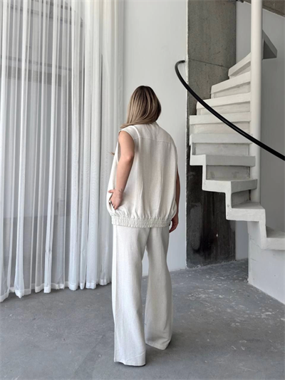 Keten Tam Fermuarlı Kolsuz Ceket Pantolon Ikili Takım- Beyaz