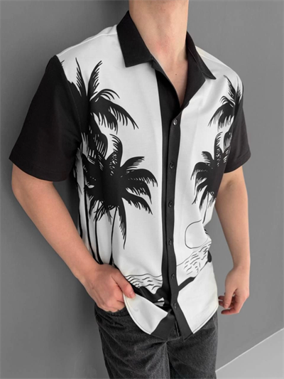 Ki İplik Kumaş Baskılı Gömlek - Siyah