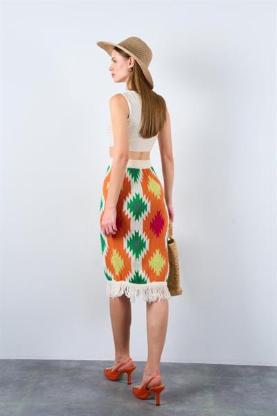 Kilim Desen Triko Etek - Krem-Turuncu