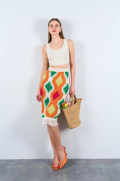 Kilim Desen Triko Etek - Krem-Turuncu