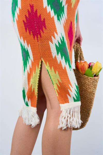 Kilim Desen Triko Etek - Krem-Turuncu