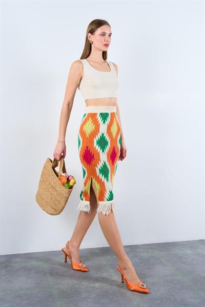 Kilim Desen Triko Etek - Krem-Turuncu