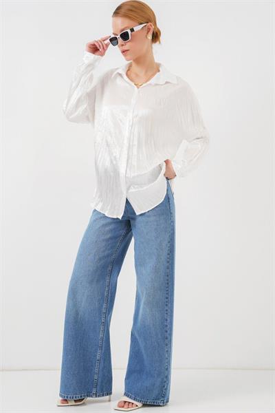Kırışık Saten Gömlek 20316 - Beyaz