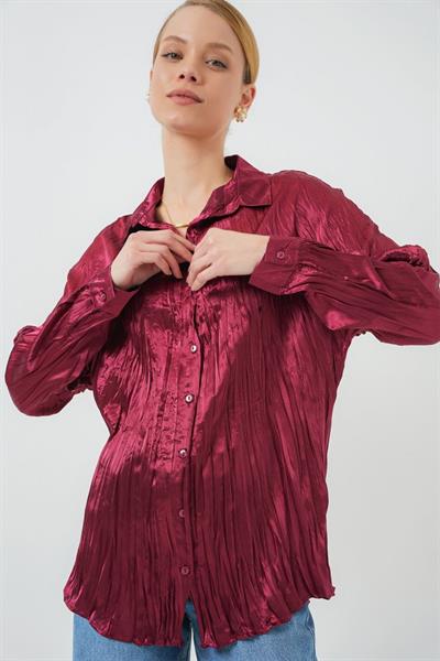 Kırışık Saten Gömlek 20316 - Bordo