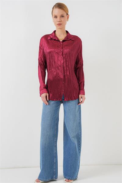 Kırışık Saten Gömlek 20316 - Bordo