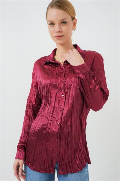 Kırışık Saten Gömlek 20316 - Bordo