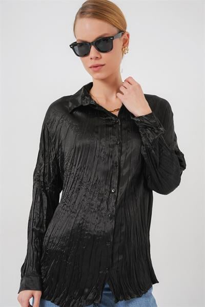 Kırışık Saten Gömlek 20316 - Siyah