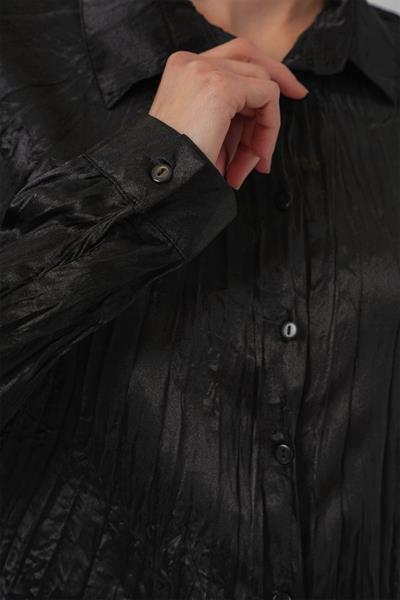 Kırışık Saten Gömlek 20316 - Siyah