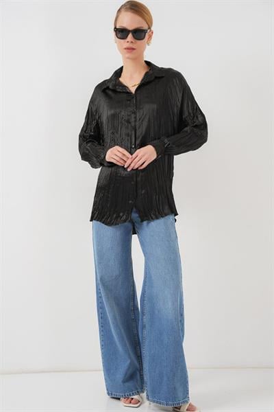 Kırışık Saten Gömlek 20316 - Siyah