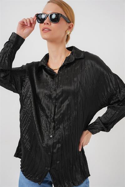 Kırışık Saten Gömlek 20316 - Siyah