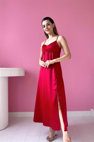 Kırmızı Askılı Saten Elbise