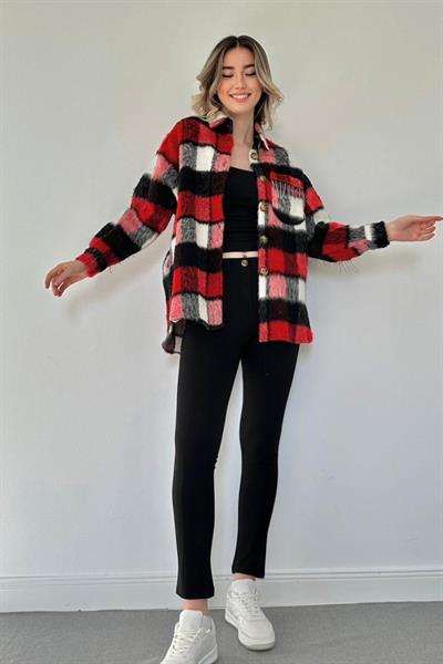 Kırmızı Buklet Cepli Zincir Taşlı Gömlek