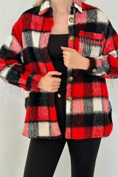 Kırmızı Buklet Cepli Zincir Taşlı Gömlek