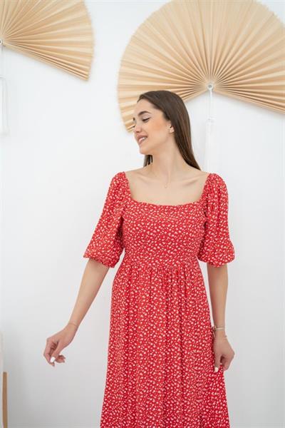 Kırmızı Çiçek Desenli Elbise