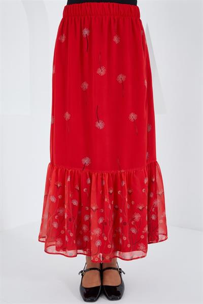 Kırmızı Desenli Şifon Etek 8010