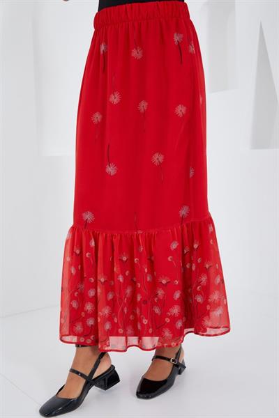 Kırmızı Desenli Şifon Etek 8010