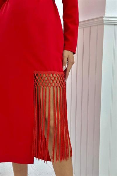 Kırmızı Eteği Püsküllü Atlas Elbise