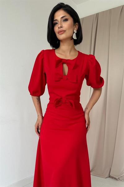 Kırmızı Fiyonklu Midi Elbise