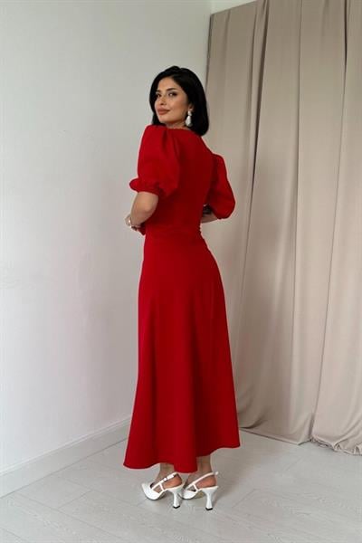 Kırmızı Fiyonklu Midi Elbise