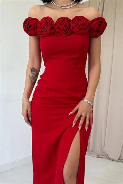 Kırmızı Madonna Yaka Güllü Elbise