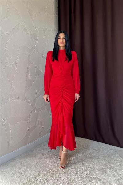 Kırmızı Önü Büzgülü Şifon Elbise