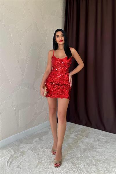 Kırmızı Payetli Askılı Elbise