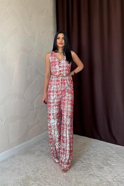 Kırmızı Pullu Yelek Ve Pantolon Takım